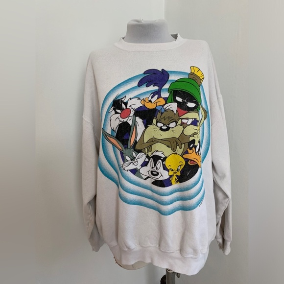 VTG 90s Looney Tunes Double Side Crewneck Sweater Sweatshirt bullseye oversized - Picture 11 of 17